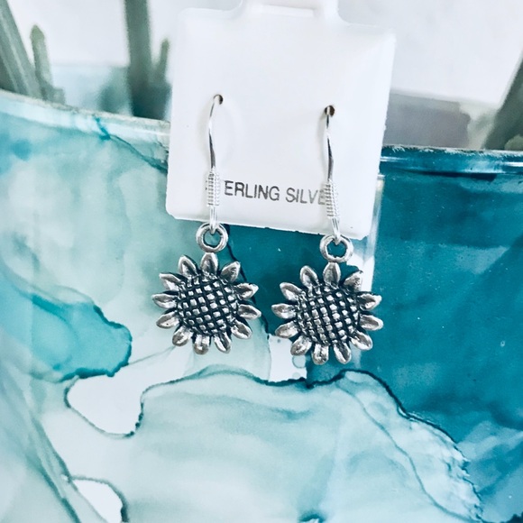 Jewelry - Sterling Silver Dangling Sunflower Earrings, Silver Earring, Flower Earrings